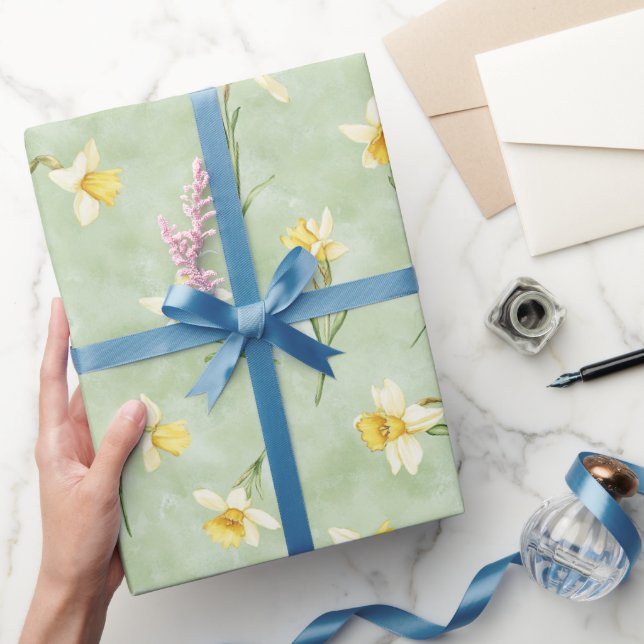 Papel De Regalo Flores de Narciso Amarillo Verde Menta Blanco (Regalar)