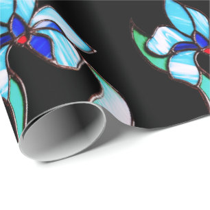 Papel De Regalo Flores de neón verde azul sobre negro