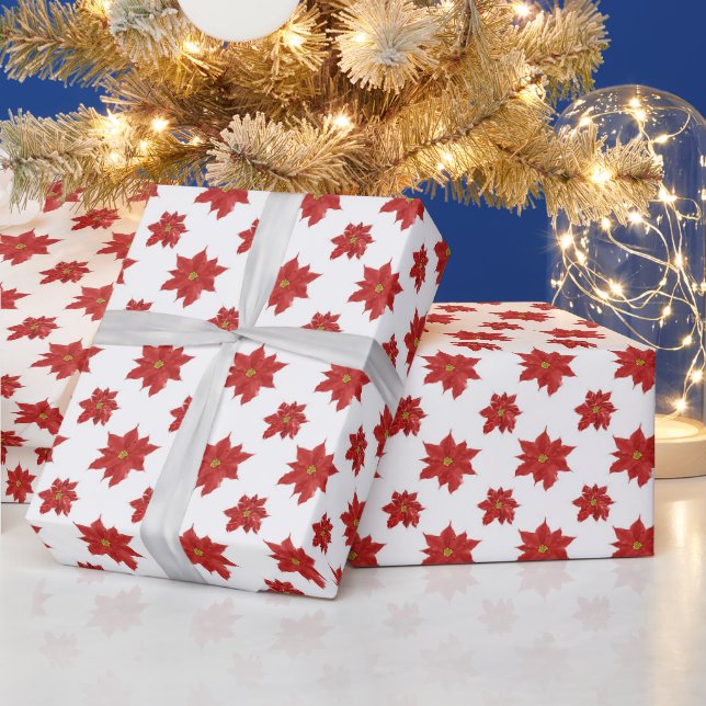 Papel De Regalo Flores de Nochebuena Rojas Sobre Blanco  (Vacaciones)