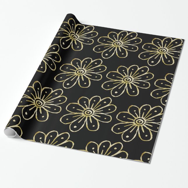 Papel De Regalo Flores de oro de Relieve metalizado (Desenrollado)