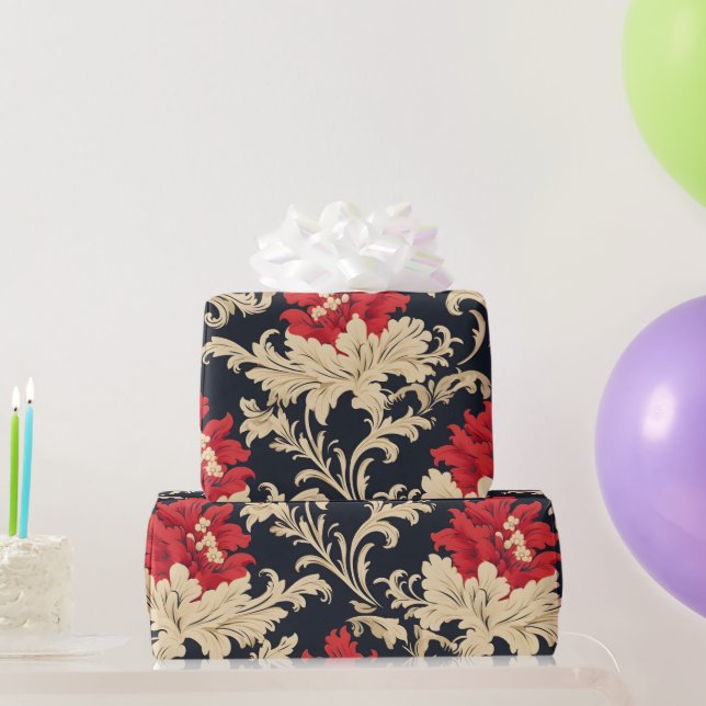 Papel De Regalo Flores de oro rojas elegantes (Regalos de fiesta)
