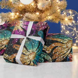 Papel De Regalo Flores de oro y azul púrpura espumosamente Purpuri