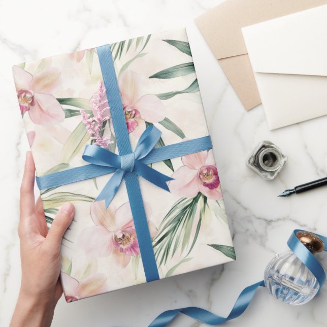 Papel De Regalo Flores de orquídea tropical rosa bonito para despe (Regalar)