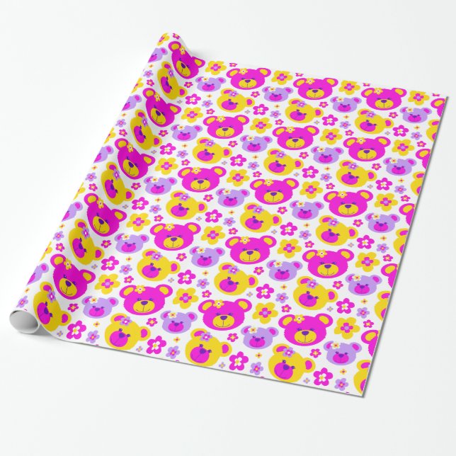 Papel De Regalo Flores de oso de peluche chicas amarillos rosados  (Desenrollado)