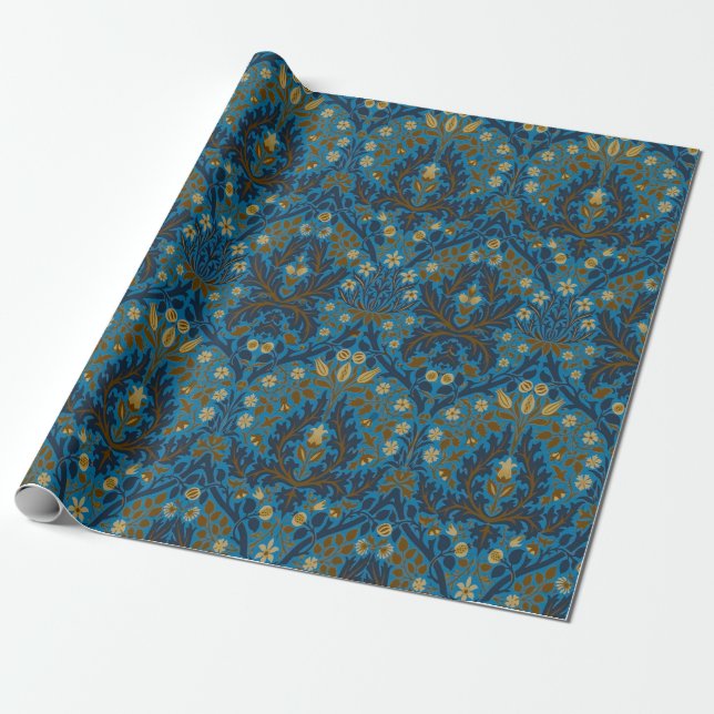 Papel De Regalo Flores de Otoño Azules y Turquesa de William Morri (Desenrollado)