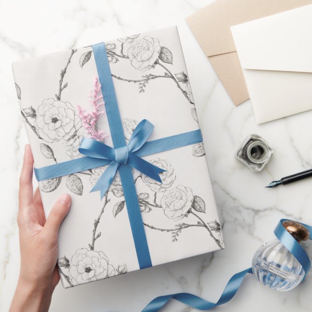 Papel De Regalo Flores de Otoño Negro Crema   (Regalar)