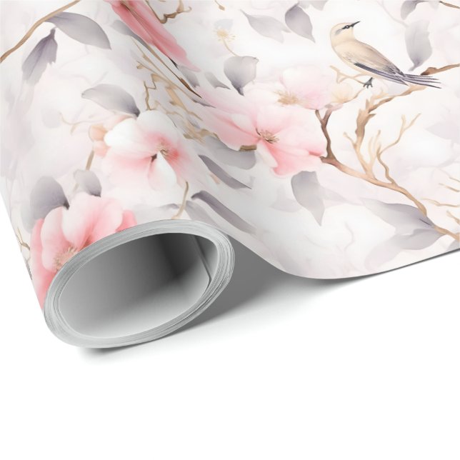 Papel De Regalo Flores de pájaro asiático rosa rubor (Esquina del rollo)