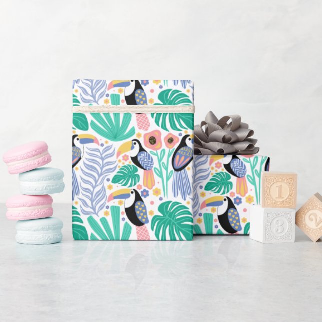 Papel De Regalo Flores de pájaros tropicales coloridas (Baby Shower)