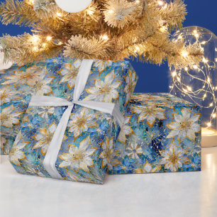 Papel De Regalo Flores de Pascua de Navidad de Oro Blanco Azul