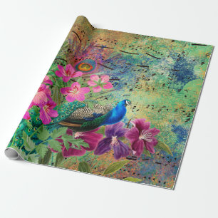 Papel De Regalo Flores de pavo real y música