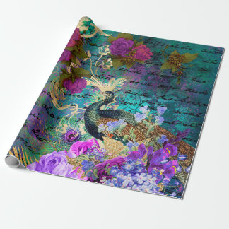 Papel De Regalo Flores de pavo real y púrpura