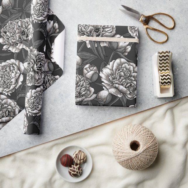 Papel De Regalo Flores de peonía blanca en gris oscuro (Artesanía)