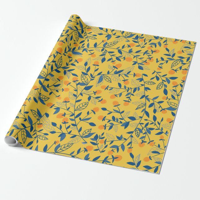 Papel De Regalo Flores de perro en azul y amarillo (Desenrollado)