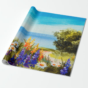 Papel De Regalo flores de pintura al óleo cerca del mar, campo de