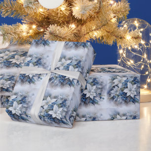 Papel De Regalo Flores de poinsettia azul, adornos navideños
