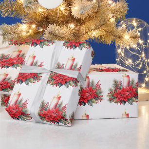 Papel De Regalo Flores de poinsettia de Navidad en acuarela, bayas