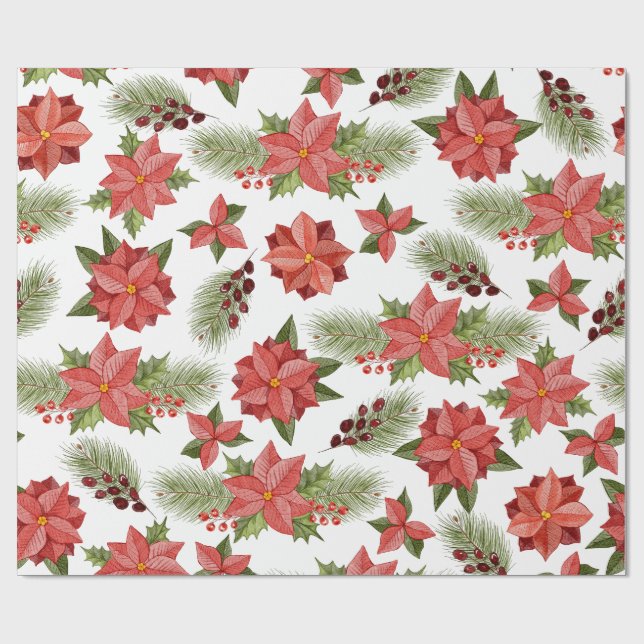 Papel De Regalo Flores De Poinsettia Roja Y Holly Berries (Superficie plana)