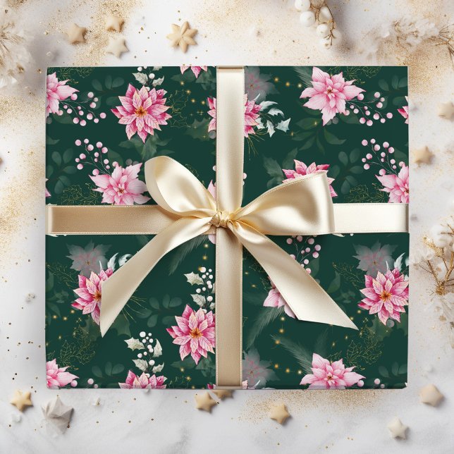 Papel De Regalo Flores de poinsettia rosa en verde oscuro (Subido por el creador)