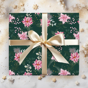 Papel De Regalo Flores de poinsettia rosadas sobre verde oscuro