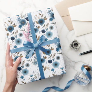 Papel De Regalo Flores de Primavera Azul Elegante Flora acuarela F
