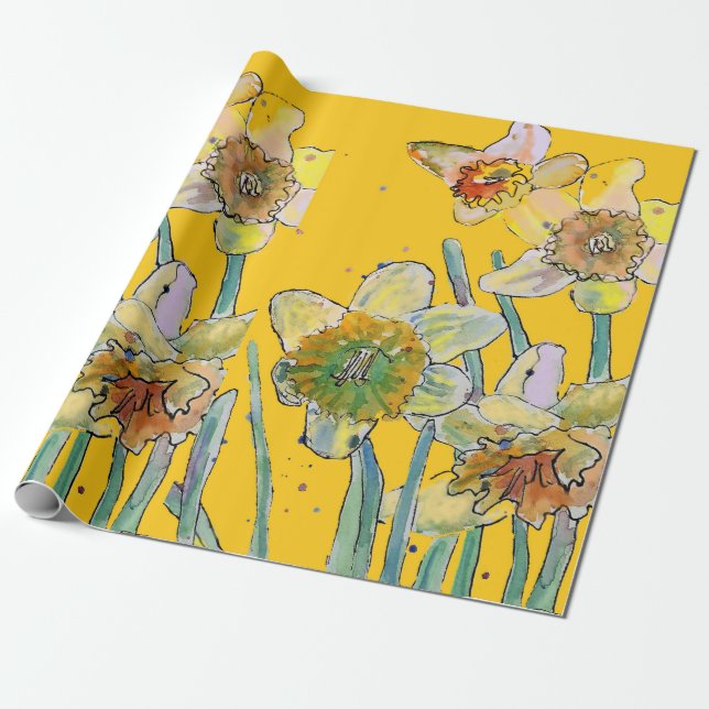 Papel De Regalo Flores de primavera de Daffodil amarillo Acuarela  (Desenrollado)