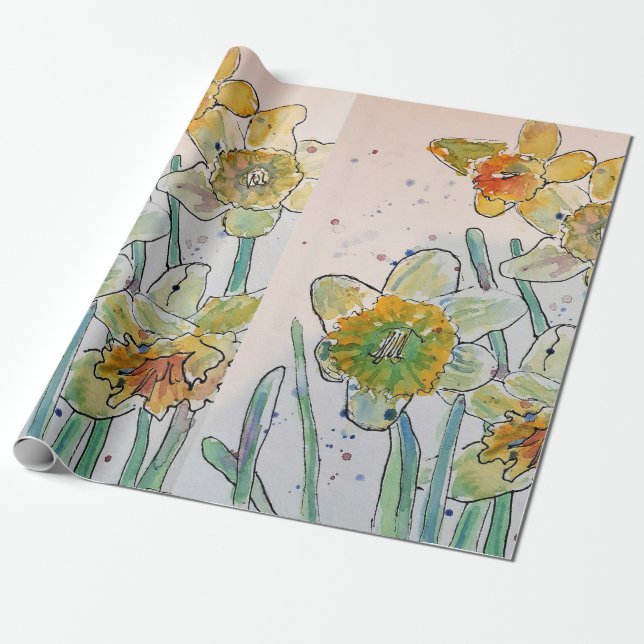 Papel De Regalo Flores de primavera de Daffodil amarillo Acuarela  (Desenrollado)