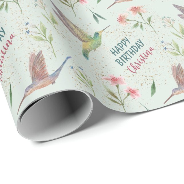 Papel De Regalo Flores de primavera feliz cumpleaños y colibríes (Esquina del rollo)