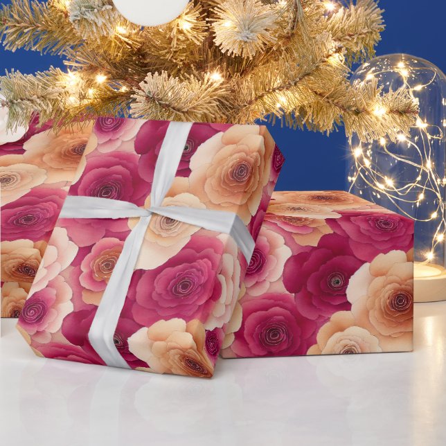 Papel De Regalo Flores de primavera rosada vibrante pintadas de co (Vacaciones)