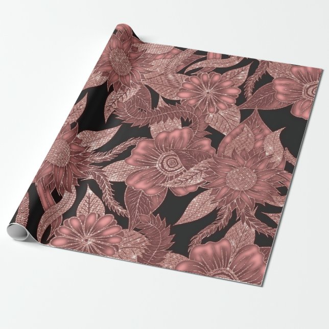 Papel De Regalo Flores de Purpurina negro de oro Rosa glamuroso (Desenrollado)