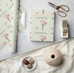 Papel De Regalo Flores de ranúnculo rosadas menta Feliz día de la