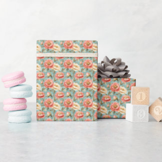 Papel De Regalo Flores de rosa e marfil en turquesa