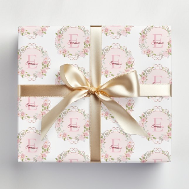 Papel De Regalo Flores de Rosa Rosa Blush de Acuarela con Monogram (In situ)