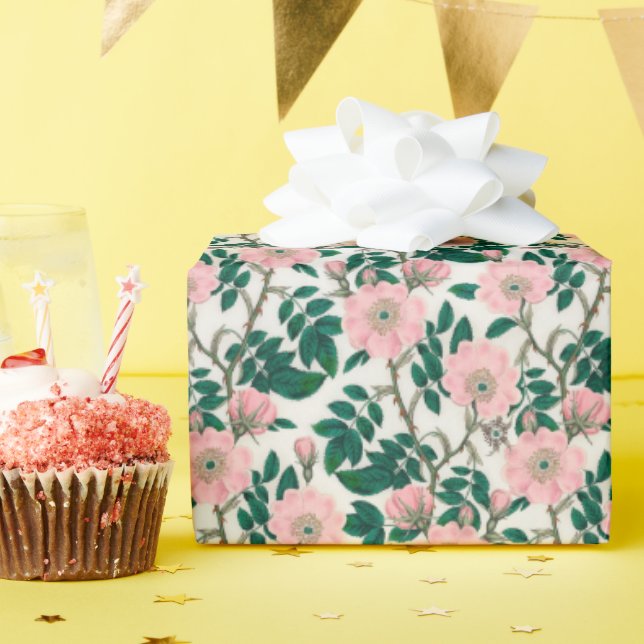 Papel De Regalo Flores de Rosa salvajes rosadas y patrón de hojas  (Fiesta de cumpleaños )