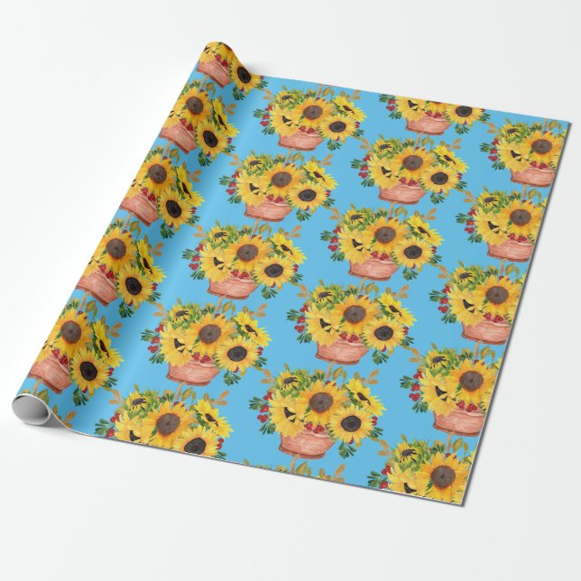 Papel De Regalo Flores de sol picadas en azul (Desenrollado)