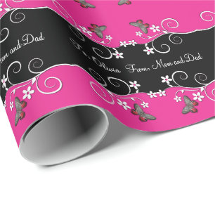 Papel De Regalo Flores de Swirly de las rosas fuertes y del negro