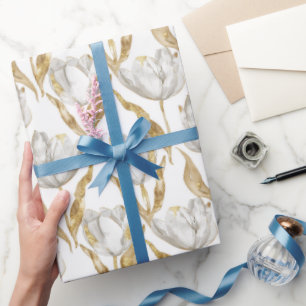 Papel De Regalo Flores de Tulipán Blancas Doradas para Baby Shower