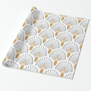 Papel De Regalo Flores de ventilador blancas, doradas y negras Art