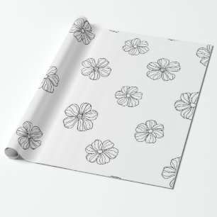 Papel De Regalo Flores dibujadas a mano negra con fondo blanco. Se