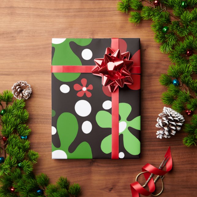 Papel De Regalo Flores divertidas en rojo y verde (Regalo de vacaciones)