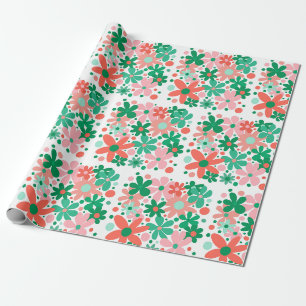 Papel De Regalo Flores divertidas en verde, melocotón y coral