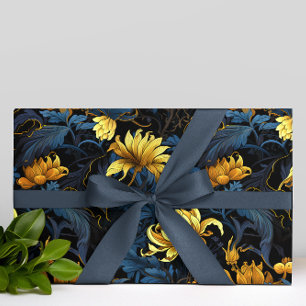 Papel De Regalo Flores doradas Hojas azules oscuras fondo negro