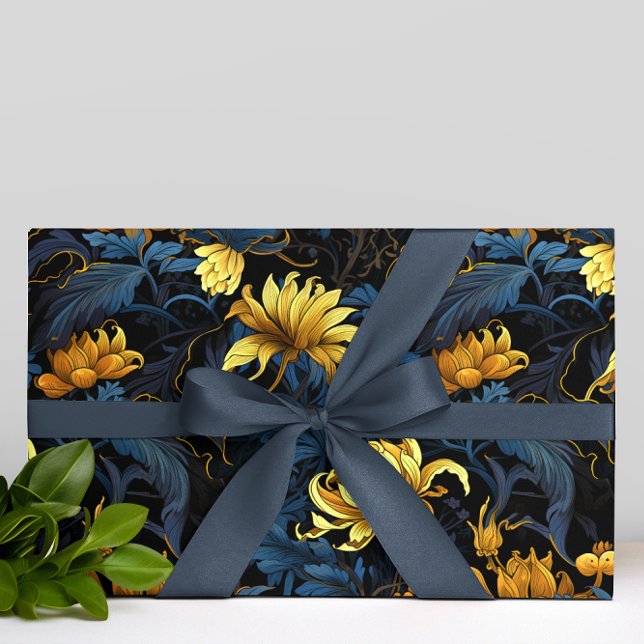 Papel De Regalo Flores doradas Hojas azules oscuras fondo negro (Subido por el creador)