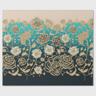 Papel De Regalo Flores doradas y blancas turquesa y negra