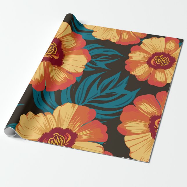 Papel De Regalo Flores doradas y rojas con hojas Verde azuladas (Desenrollado)