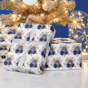 Papel De Regalo Flores Elegantes Azul Marino y Dorado