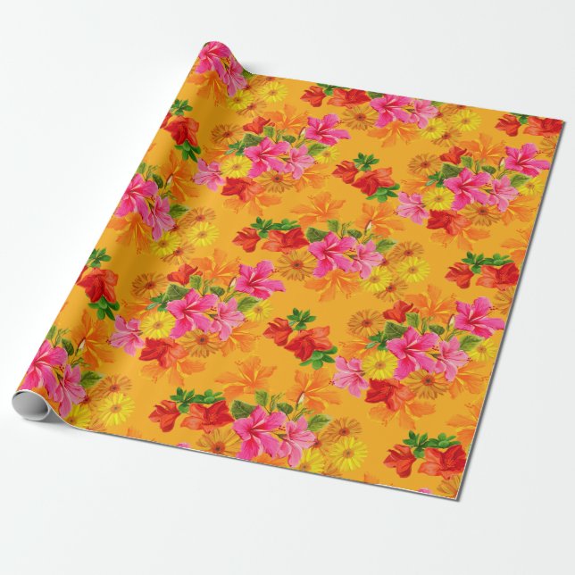 Papel De Regalo Flores elegantes en naranja (Desenrollado)