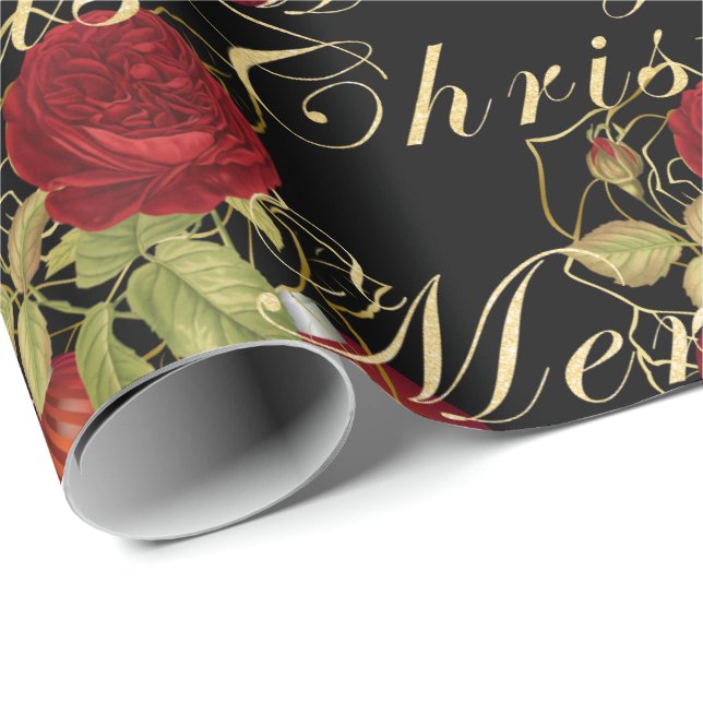 Papel De Regalo Flores elegantes Feliz Navidad purpurina de oro ne (Esquina del rollo)