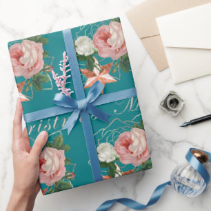 Papel De Regalo Flores elegantes Feliz Navidad rosa purpurina de o