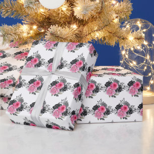 Papel De Regalo Flores elegantes rosa caliente y plata