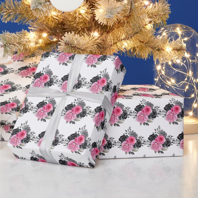 Papel De Regalo Flores elegantes rosa caliente y plata (Vacaciones)